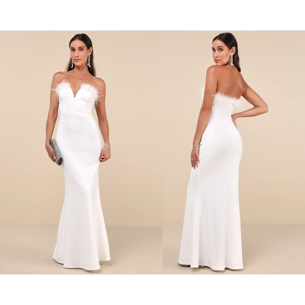 Lulus Extraordinary Glam White Feather‎ Strapless Mermaid Maxi Dress Size Medium